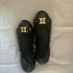 Tory Burch Black Flats with Gold Embellishment